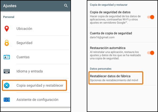 Ajustes > Copia seguridad y restablecer > Restablecer datos de fábrica