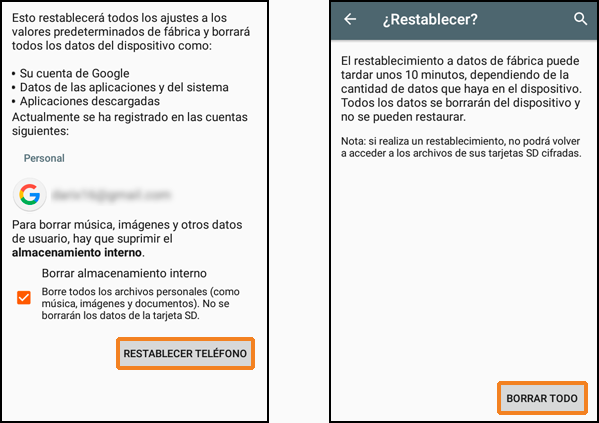 "Marcar casilla Borrar almanenamiento interno de la SD" Restablecer teléfono > Borrar todo