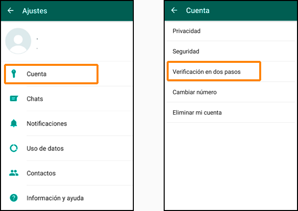 Ajustes > Cuenta > Verificación en dos pasos