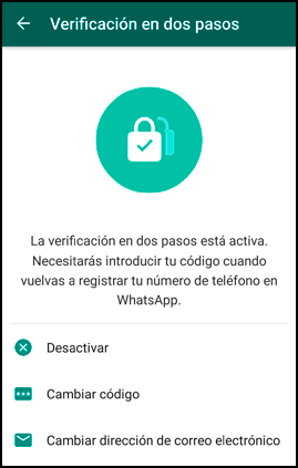 Verificación en dos pasos: Desactivar, Cambiar código, Cambiar dirección de correo