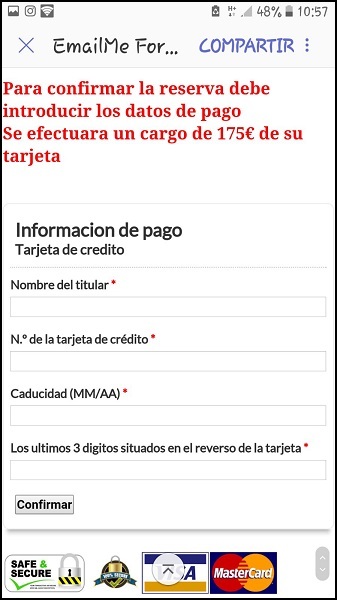 Capturas de pantalla de la web donde se facilita un formulario para realizar el pago