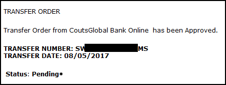 Imagen de orden de transferencia a CoutsGlobal Bank Online