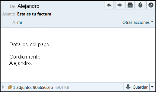 Email fraudulento con asunto "Esta es tu factura" y un fichero adjunto comprimido .zip