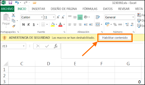 Hoja Excel en blanco que solicita "Habilitar contenido"