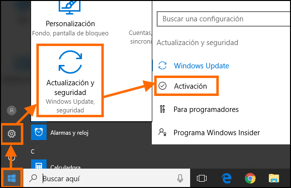 Imagen de la ruta botón de inicio, configuración, actualización y seguridad y activación.