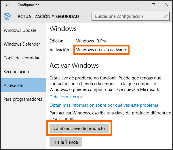 Aviso de que Windos no está activado. Cambiar clave del producto.