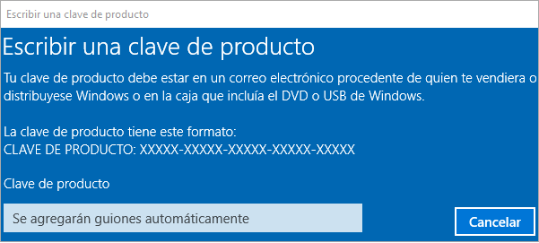 Ventana de escribir una clave de producto