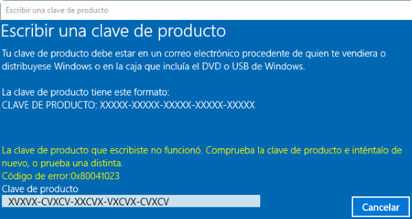Ventana de la clave del producto no funcionó.