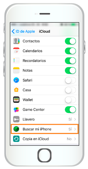 Imagen de móvil donde sale la opción buscar mi iphone