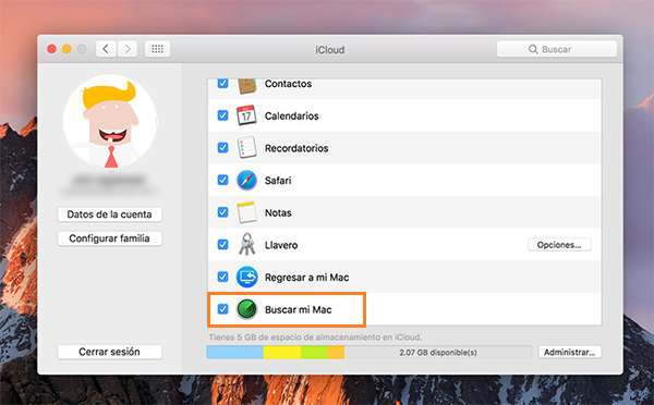 Captura de pantalla donde se ve la opción buscar mi mac en un macbook