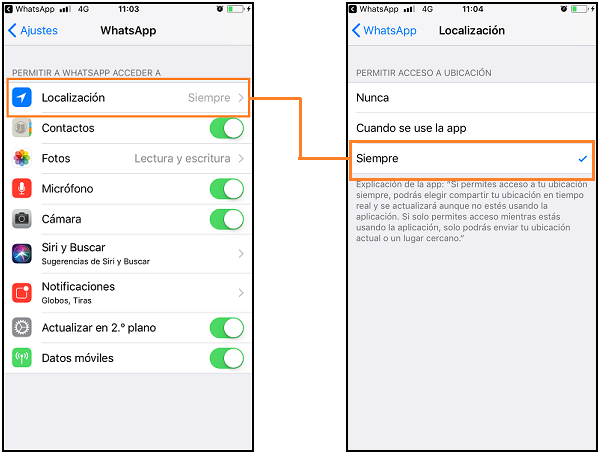 Capturas depantalla e Iphone donde se muestra cómo se activan las preferencias de whatsapp