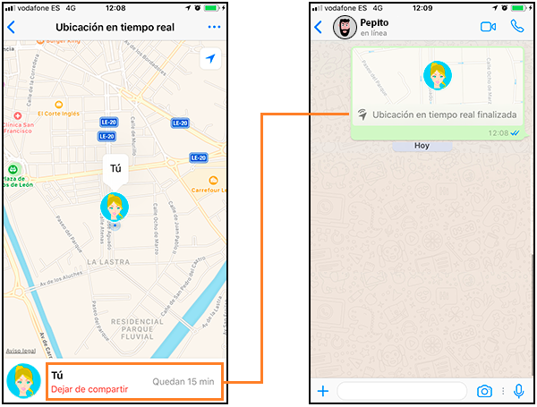 Capturas de pantalla que muestran cómo se deja de compartir la ubicación en tiempo real.