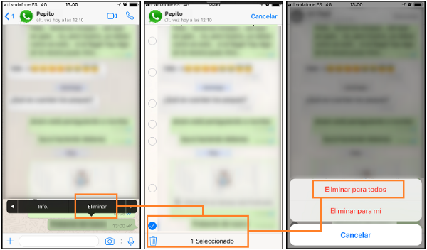 Capturas de pantalla que muestran cómo se elimina un mensaje de whatsapp para todos los usuarios dentro de los siete minutos primeros desde que se lanzó.