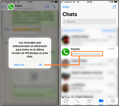 Capturas de pantalla que muestran cómo se elimina un mensaje de whatsapp para todos los usuarios dentro de los siete minutos primeros desde que se lanzó.