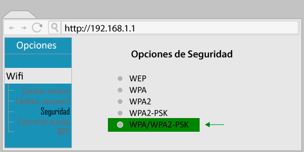 Simulación de interfaz de un router. Opciones de seguridad