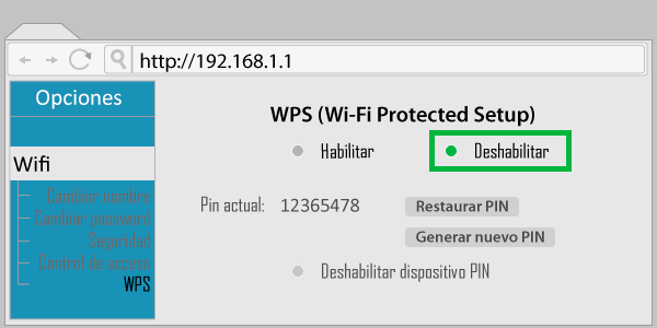 Simulación de interfaz de un router. Deshabilitar WPS