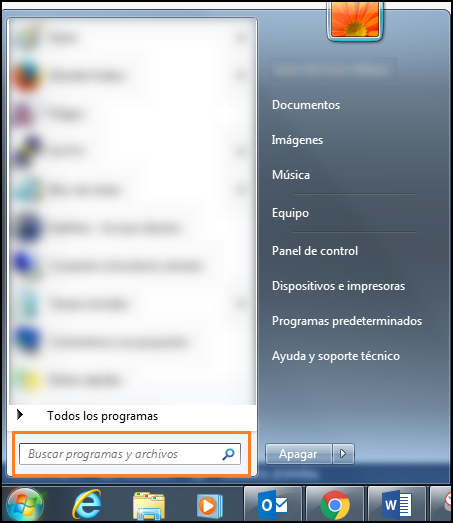 Captura de pantalla del botón de inicio de Windows, elemento Buscar programas y archivos