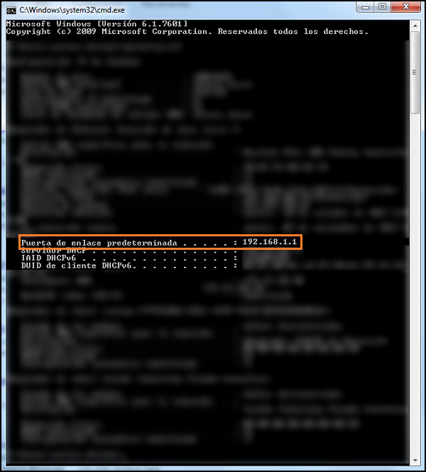 Captura de pantalla de MS-DOS con la puerta de enlace predeterminada