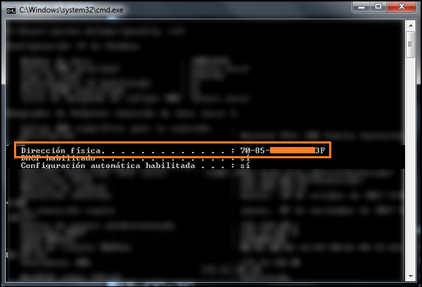 Captura de pantalla de MS-DOS donde se puede ver la dirección MAC.