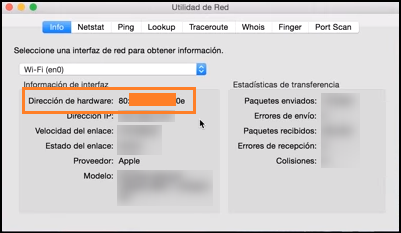 Captura de pantalla de las utilidades de red del sistema operativo MAC OX, donde aparece la dirección MAC del dispositivo wifi.