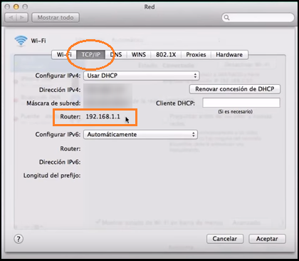 Captura de pantalla de sistema operativo MAC donde se puede ver la configuración del protocolo TCP/IP, y con ello la dirección ip del router.