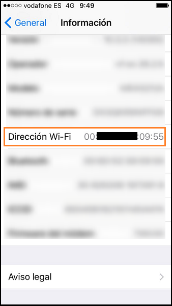 Captura de pantalla de dispositivo IOSdonde aparece la dirección MAC.