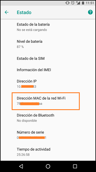 Captura de pantalla de dispositivo android donde aparece la dirección MAC.