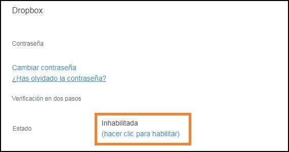 Captura de pantalla donde se muestra que la verificación en dos pasos está inhabilitada. Pulsando el mismo, se habilitará.