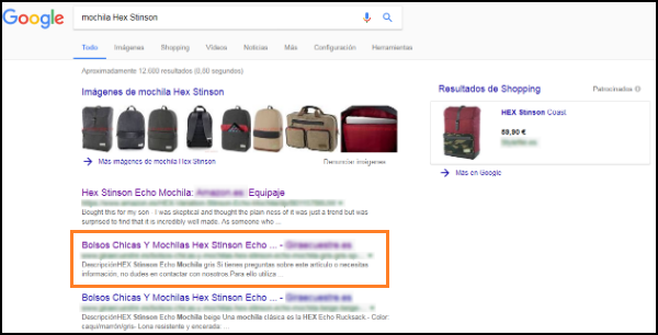 captura de pantalla con resultados de búsqueda en Google sobre la mochila en cuestión.