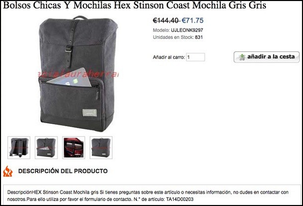 Captura de pantalla sobre mochila Hex Stinson en página web fraudulenta