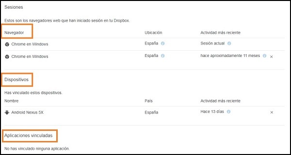 Captura de pantalla donde se muestran los navegadores, dispositivos y aplicaciones vinculadas a Dropbox.