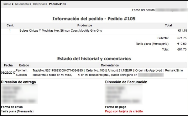 Captura de pantalla de pedido web de la mochila en web fraudulenta