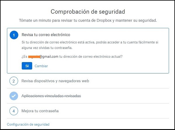 Captura de pantalla sobre la comprobación de seguridad. En este caso se muestra la revisión del correo electrónico.