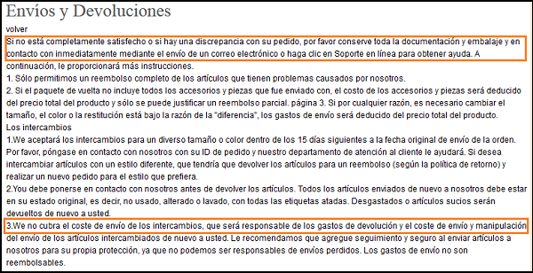 Captura de pantalla de Envíos y Devoluciones con textos mal redactados