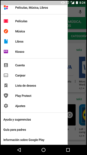 Captura de pantalla donde se muestra Play Project integrado en las opciones de Android.