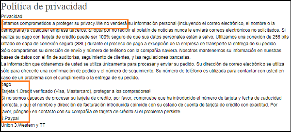 Captura de pantalla de política de privacidad donde aparece como modalidad de pago paypal