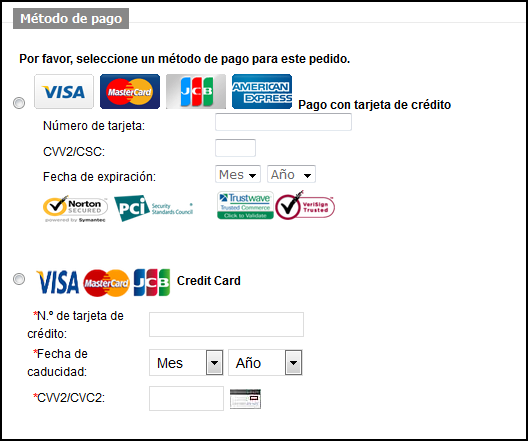 Captura de pantalla con modalidades de pago de la web fraudulenta donde no figura PayPal