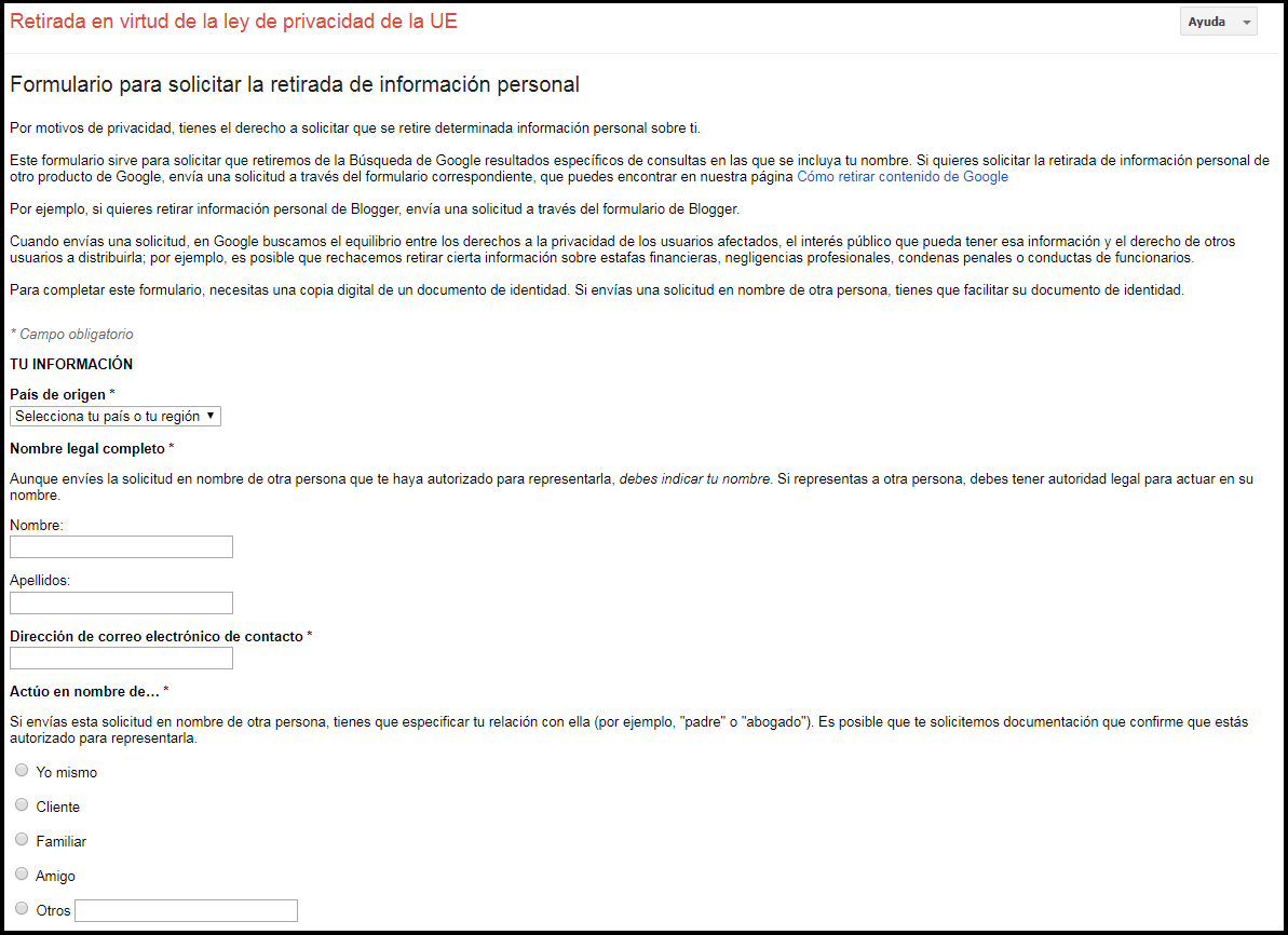 Formulario para solicitar la retirada de información personal