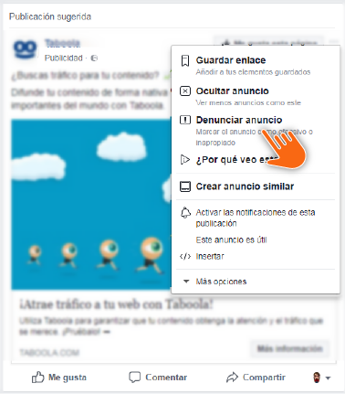 Imagen denunciar publicidad en Facebook