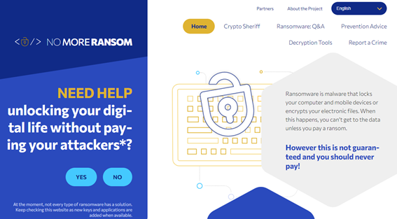 Captura de pantalla de la web nomoreransomware