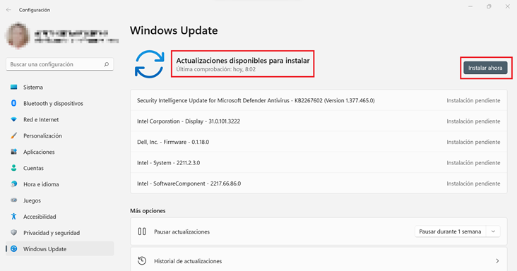 Captura de pantalla actualización windows