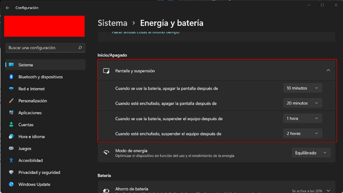 Captura de pantalla energía y bateria