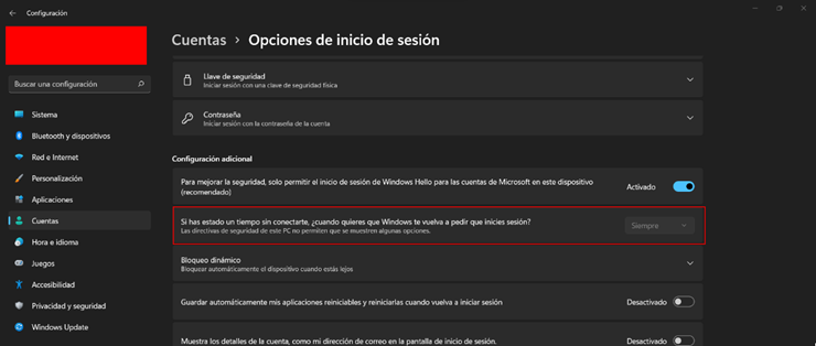 Captura de pantalla opciones de inicio de sesión