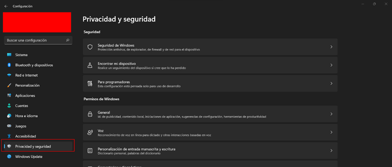 Captura de pantalla de Privacidad y Seguridad