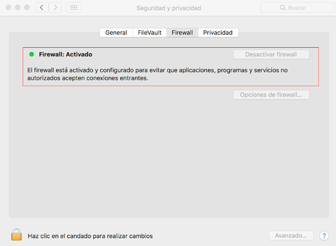 Captura de pantalla firewall de Mac