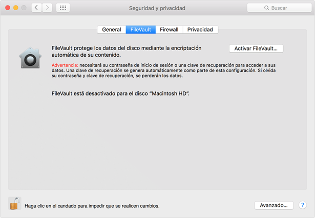 Captura pantalla fileVault en Mac