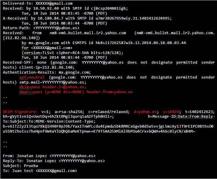 Cabeceras de un correo electrónico legítimo procedente de yahoo. Verificación exitosa