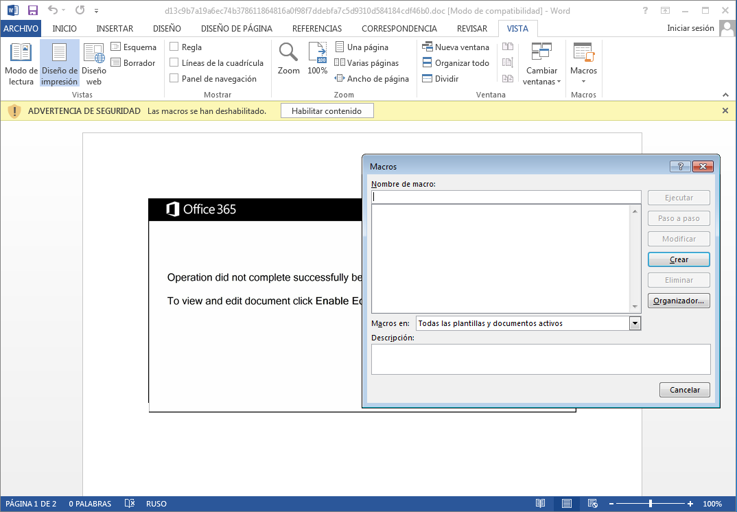 Aviso de macros en documento malicioso