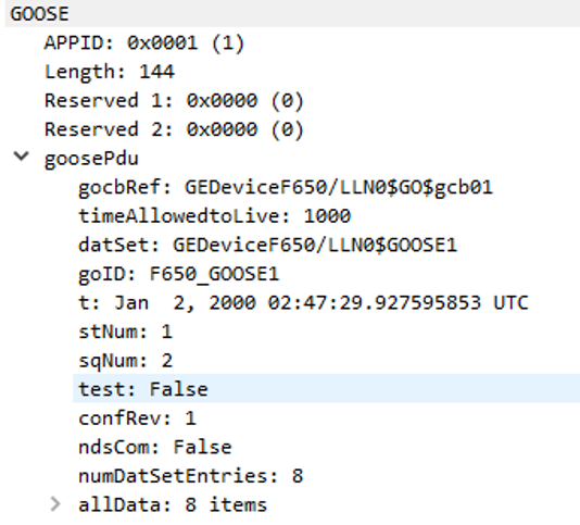 Example of a GOOSE frame in Wireshark