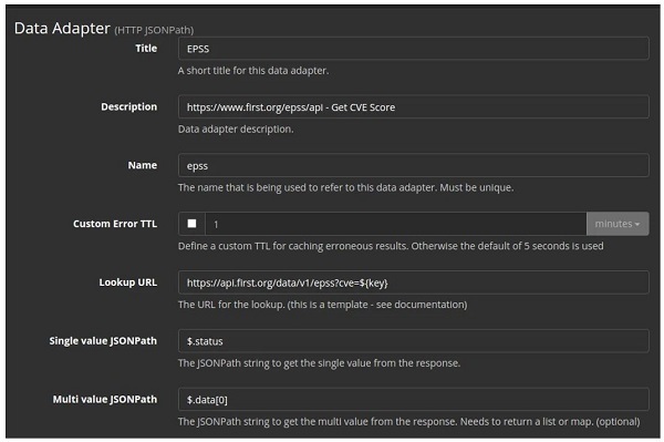 Captura de la configuración del adaptador de datos de Wazhu con el API de EPSS 